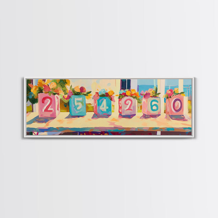 Colorful Number Blocks And Flowers Canvas Print, Nursery Wall Art, Kids Room Decor, Playroom Art, Pastel Baby Shower Gift