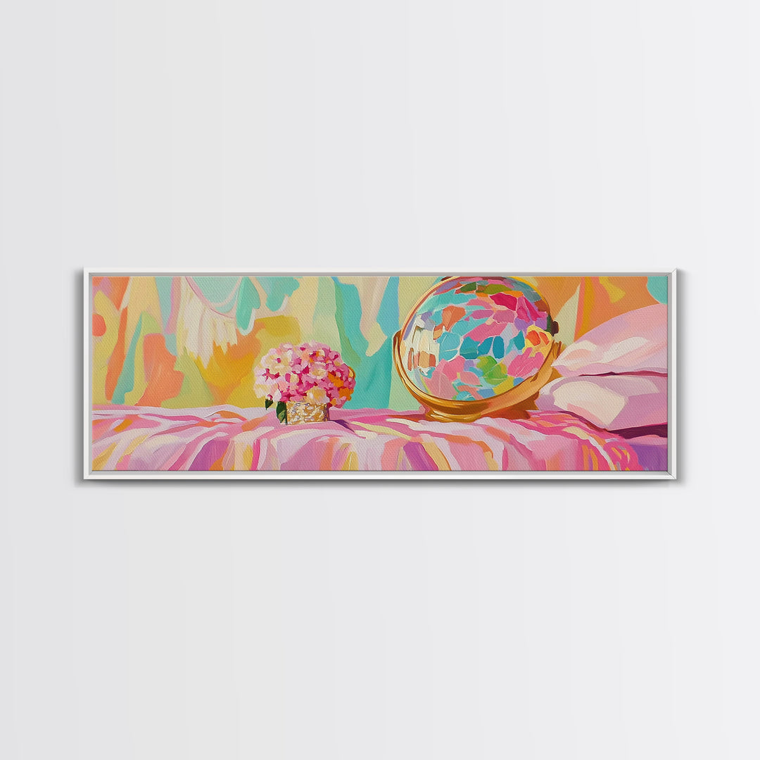 Pastel Vanity Globe And Pink Bouquet Framed Canvas Print, Girly Bedroom Wall Art, Coquette Room Decor, Gift For Her, Aesthetic Wall Art