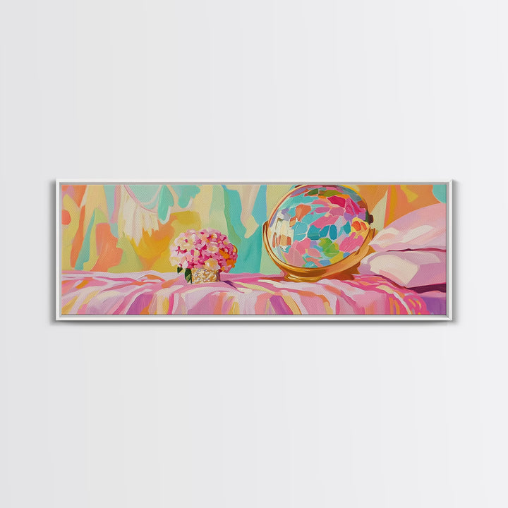 Pastel Vanity Globe And Pink Bouquet Framed Canvas Print, Girly Bedroom Wall Art, Coquette Room Decor, Gift For Her, Aesthetic Wall Art