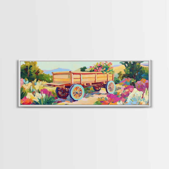 Wooden Garden Wagon In Blooming Desert Wall Art, Rustic Farmhouse Decor, Country Landscape Art Print, Housewarming Gift For New Home