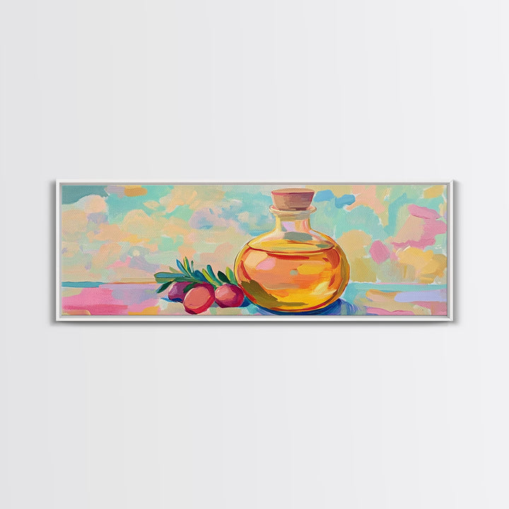 Golden Olive Oil Bottle And Olives Canvas Print, Mediterranean Kitchen Wall Art, Foodie Gift, Still Life Home Decor, Art For Kitchen
