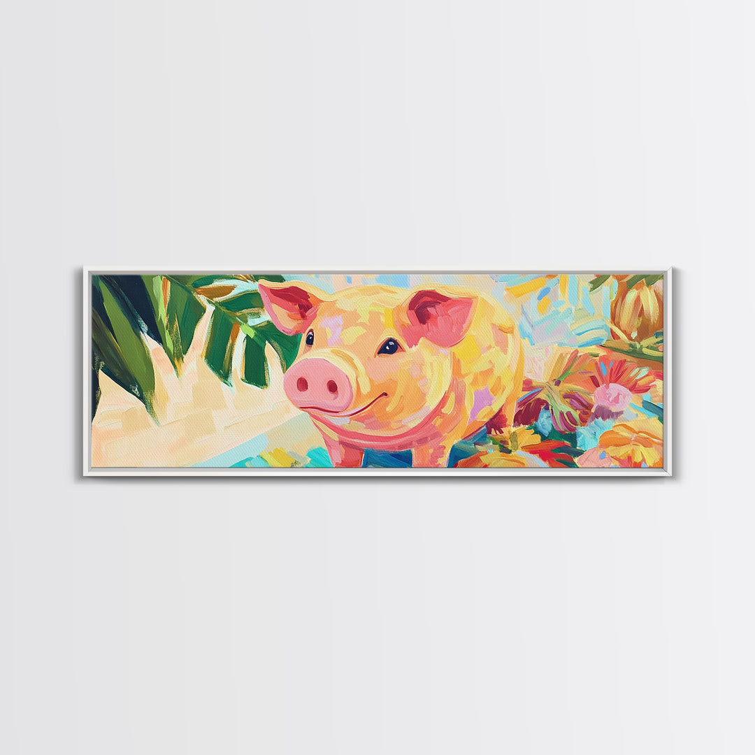 Smiling Pink Pig With Tropical Flowers Canvas Print, Whimsical Animal Wall Art, Farm Animal Nursery Decor, Cute Home Decor