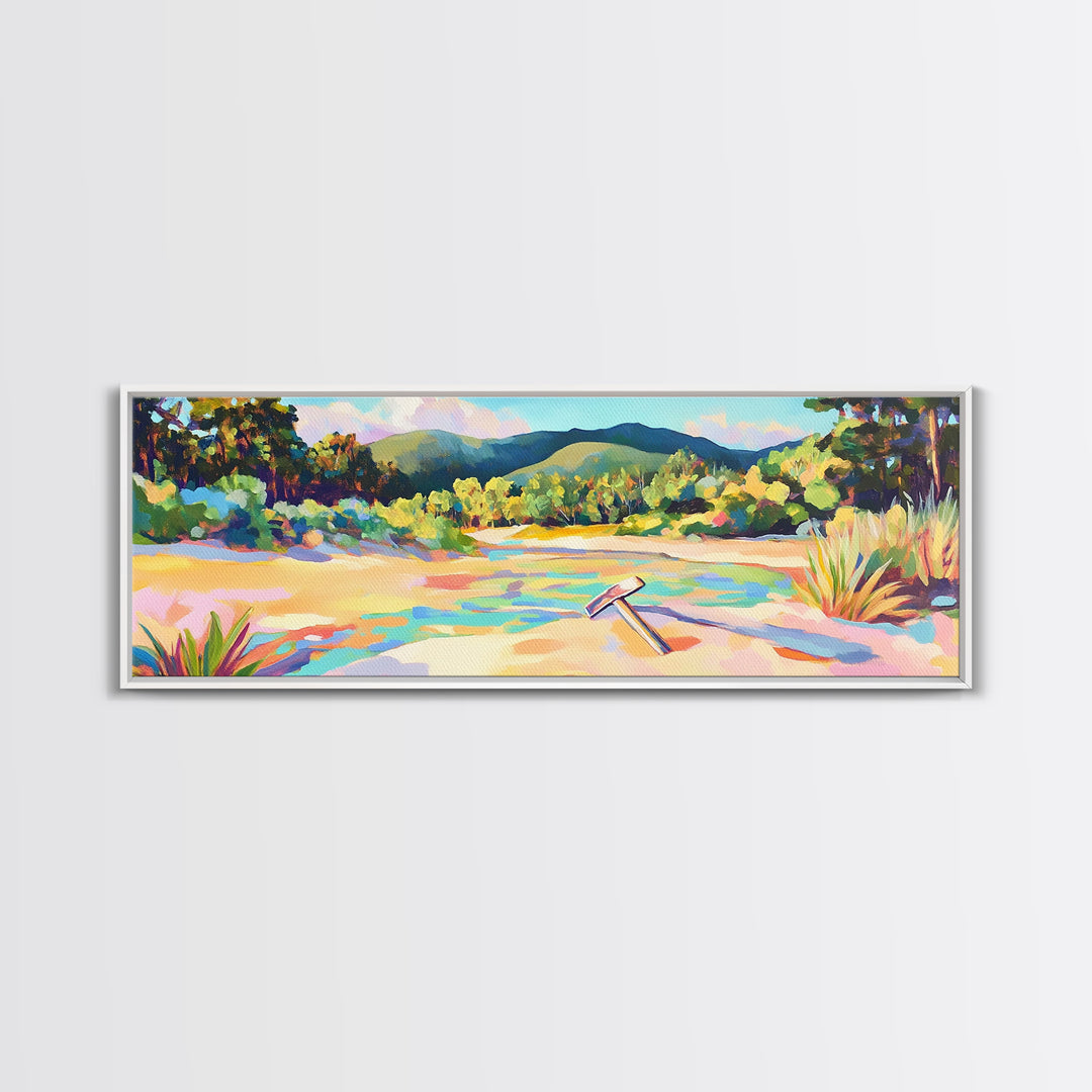 Colorful Sandy River Beach Framed Canvas Print, Coastal Wall Art, Mountain Landscape Art, Summer Decor, Housewarming Gift