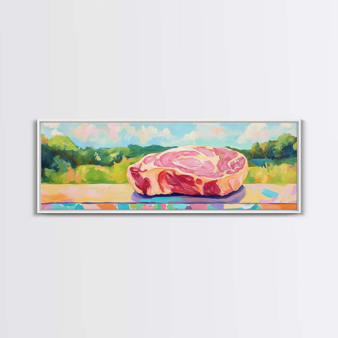 Pastel Steak Still Life In Green Meadow Wall Art, Quirky Kitchen Canvas Print, Colorful Food Decor, Dining Room Art Gift