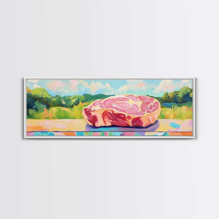 Pastel Steak Still Life In Green Meadow Wall Art, Quirky Kitchen Canvas Print, Colorful Food Decor, Dining Room Art Gift