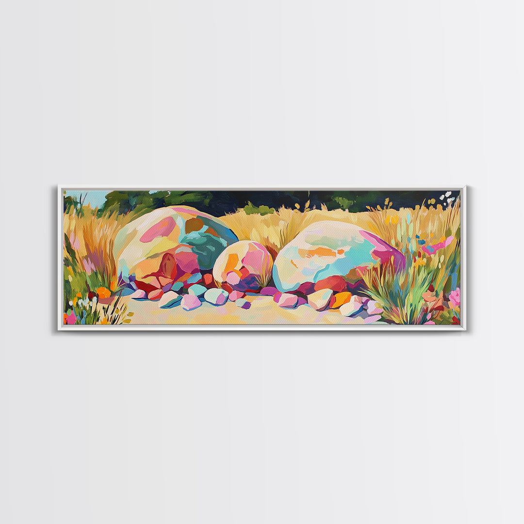Sunlit Painted Boulders In Golden Meadow Wall Art, Modern Landscape, Nature Wall Decor, Rustic Home Decor, Canvas Print, Housewarming Gift