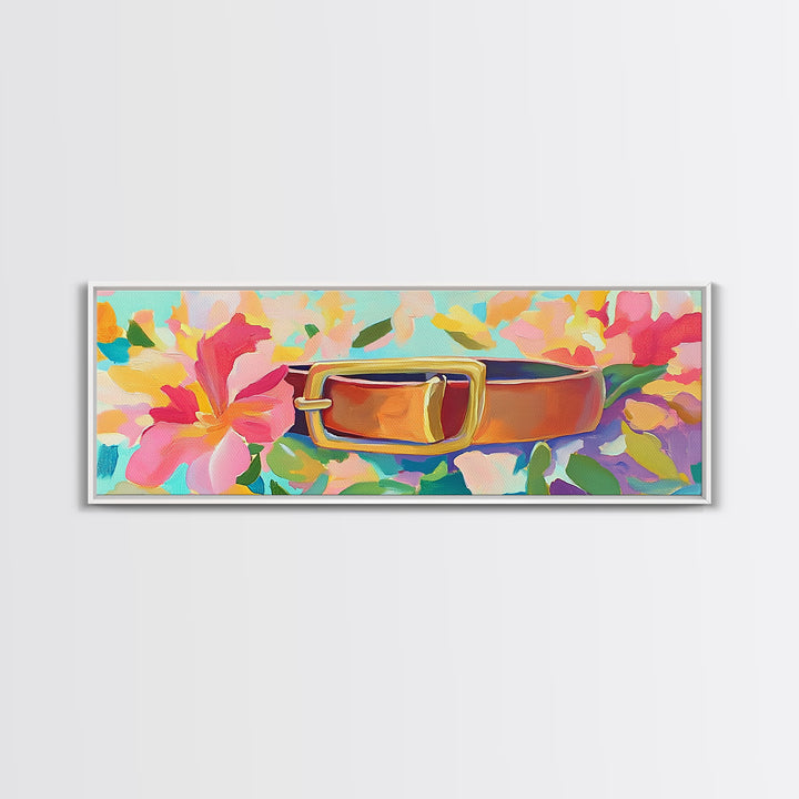 Leather Belt With Gold Buckle And Pink Flowers Wall Art, Feminine Wall Decor, Western Decor, Floral Canvas Print, Gift For Her