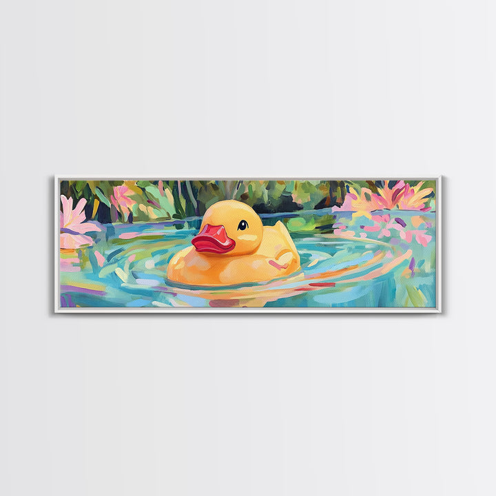 Cheerful Rubber Duck Floating In Lily Pond Wall Art, Kids Bathroom Decor, Whimsical Animal Art, Canvas Print Gift For Kids