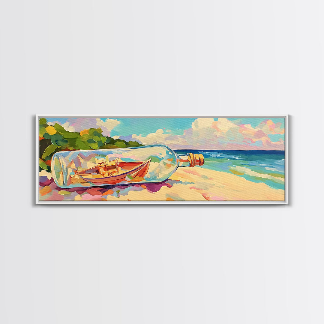 Boat In A Bottle On Sunny Beach Wall Art, Coastal Canvas Print, Ocean Wall Decor, Nautical Decor, Beach House Decor, Seascape Art