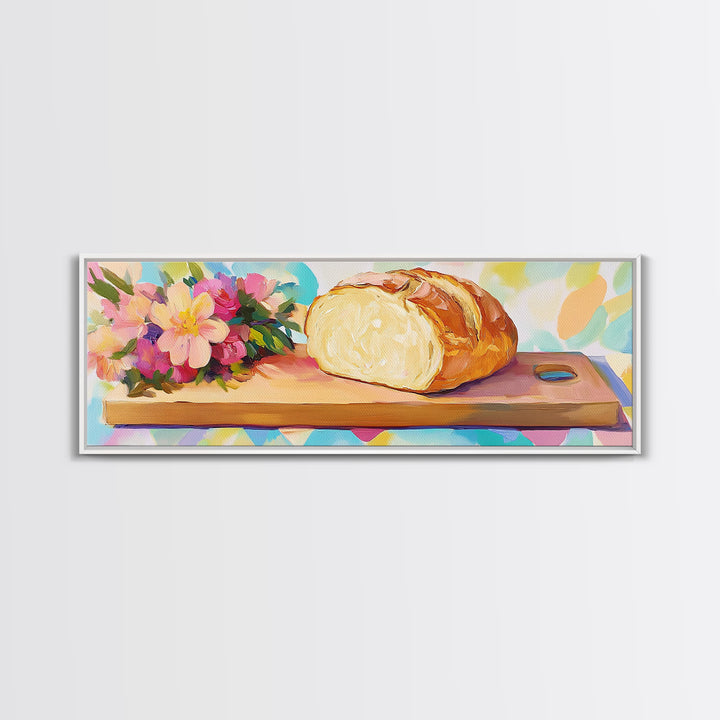 Crusty Bread Loaf And Flowers Canvas Print, Cozy Kitchen Wall Art, Bakery Decor, Food Still Life Art Print, Housewarming Gift
