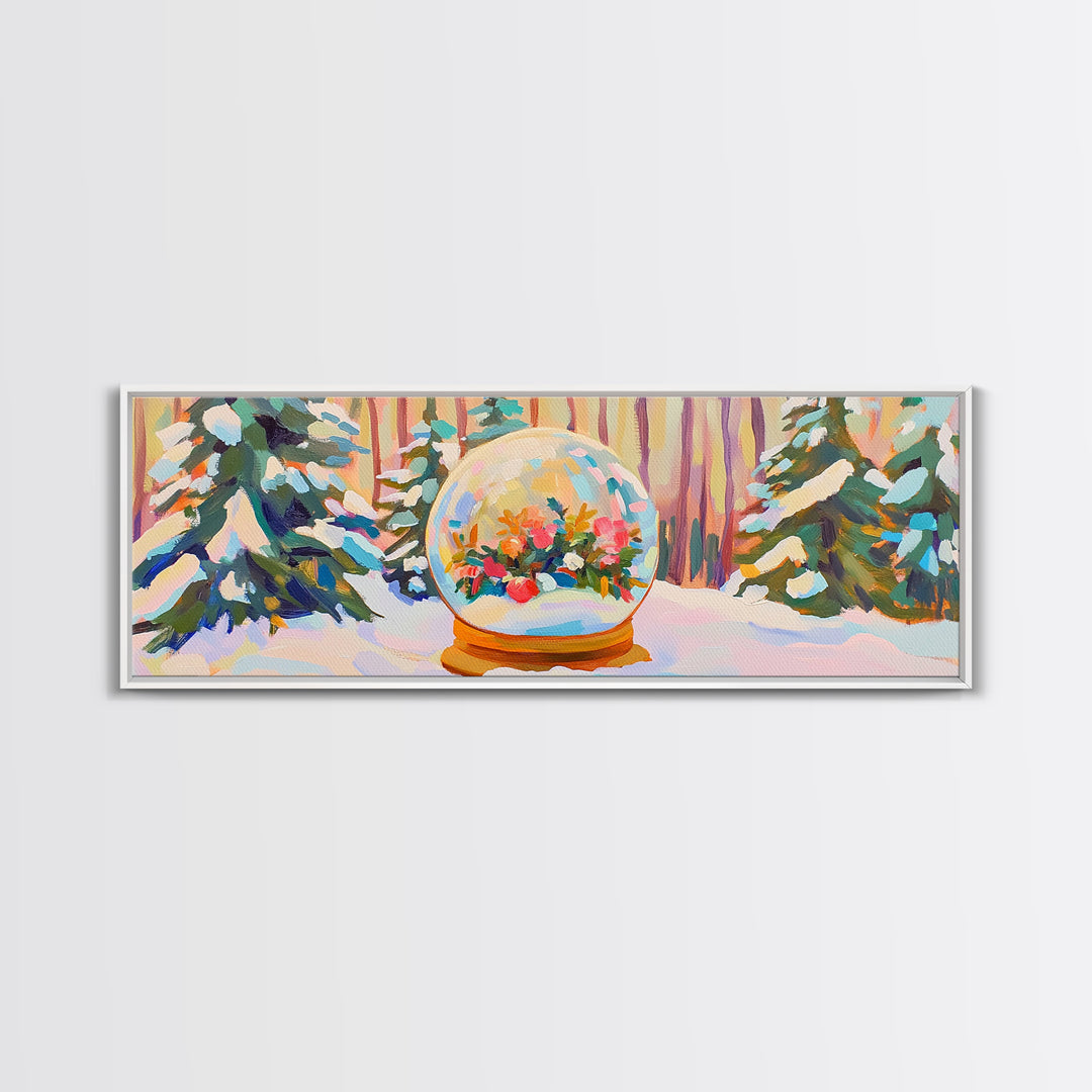 Winter Forest Snow Globe With Flowers Framed Canvas Print, Cozy Christmas Wall Art For Cabin Decor And Seasonal Home Decor
