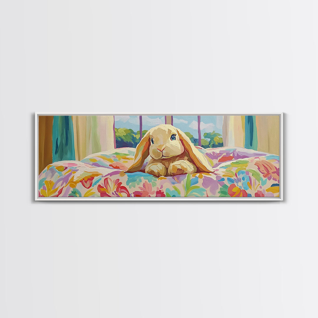 Sweet Bunny On Floral Bed Framed Canvas Print, Nursery Wall Art, Whimsical Kids Room Decor, Cute Animal Baby Shower Gift For Her