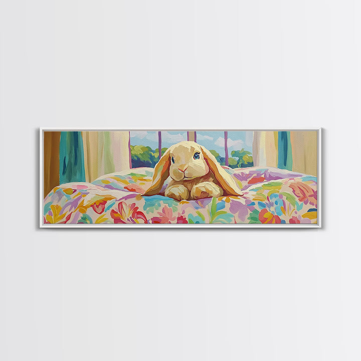 Sweet Bunny On Floral Bed Framed Canvas Print, Nursery Wall Art, Whimsical Kids Room Decor, Cute Animal Baby Shower Gift For Her