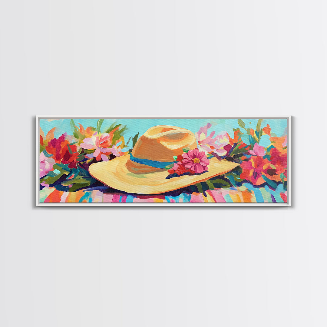 Straw Sun Hat With Tropical Flowers Canvas Print, Beach Wall Art, Coastal Cowgirl Decor, Summer Fashion Gift For Her Home Decor