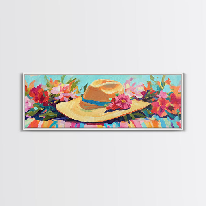 Straw Sun Hat With Tropical Flowers Canvas Print, Beach Wall Art, Coastal Cowgirl Decor, Summer Fashion Gift For Her Home Decor