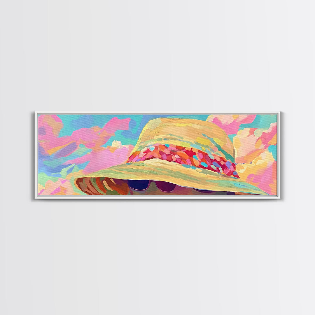 Wide Brim Beach Hat And Sunglasses Canvas Print, Coastal Wall Art, Summer Fashion Decor, Pink Preppy Bedroom Gift For Her