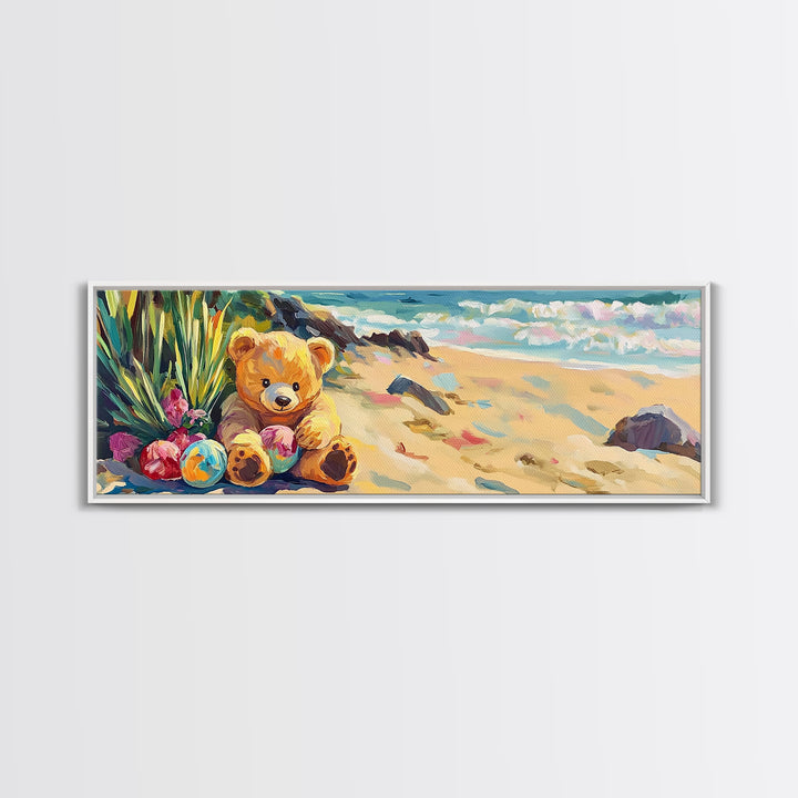 Teddy Bear On Sunny Beach Canvas Print, Coastal Nursery Wall Art, Kids Room Decor, Beach House Decor, Whimsical Baby Gift