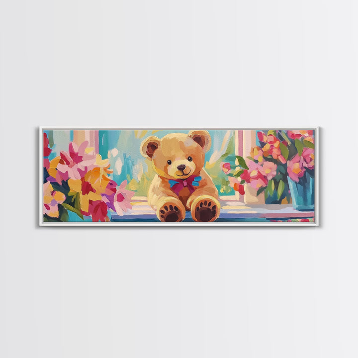 Sweet Teddy Bear By Flower Window Framed Canvas Print, Nursery Wall Art, Kids Room Decor, Whimsical Baby Girl Nursery Gift