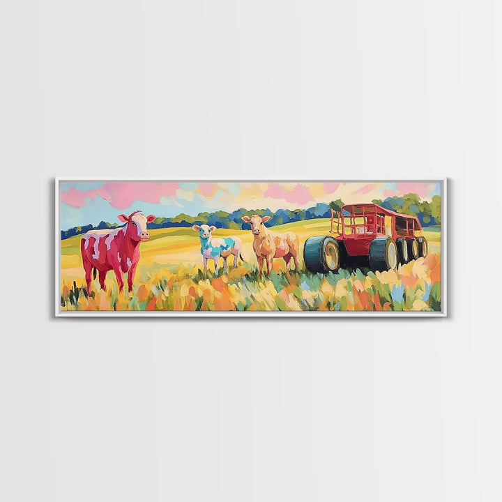 Cows And Sheep Beside Red Farm Wagon Canvas Print, Rustic Farmhouse Wall Art, Country Landscape, Nursery Animal Decor, Baby Shower Gift