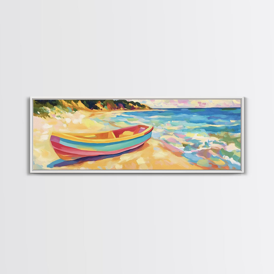 Striped Rowboat Beside Turquoise Waves Wall Art, Coastal Canvas Print, Seascape Painting, Beach House Decor, Ocean Wall Art