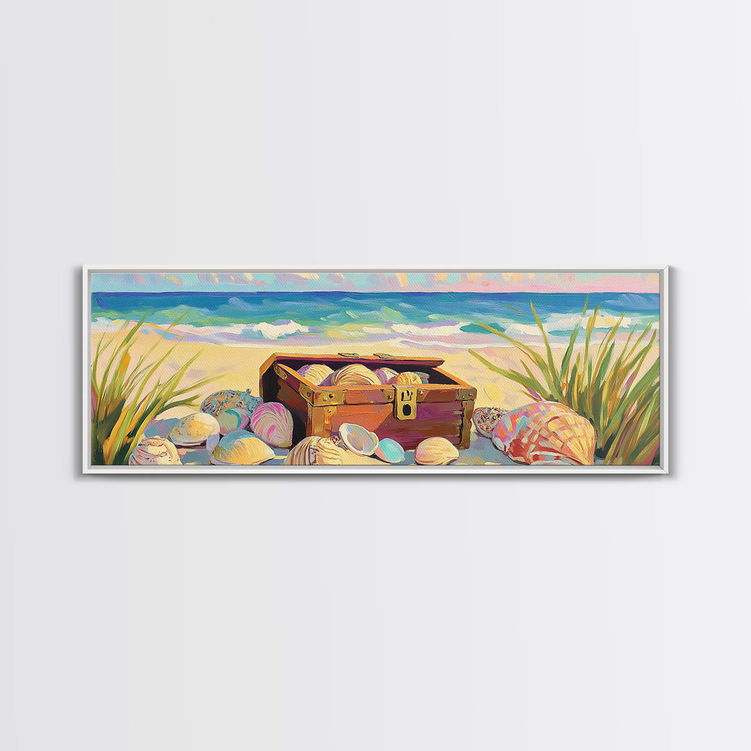 Beach Treasure Chest With Seashells Wall Art, Coastal Canvas Print, Ocean Decor, Beach House Decor, Summer Seascape Gift