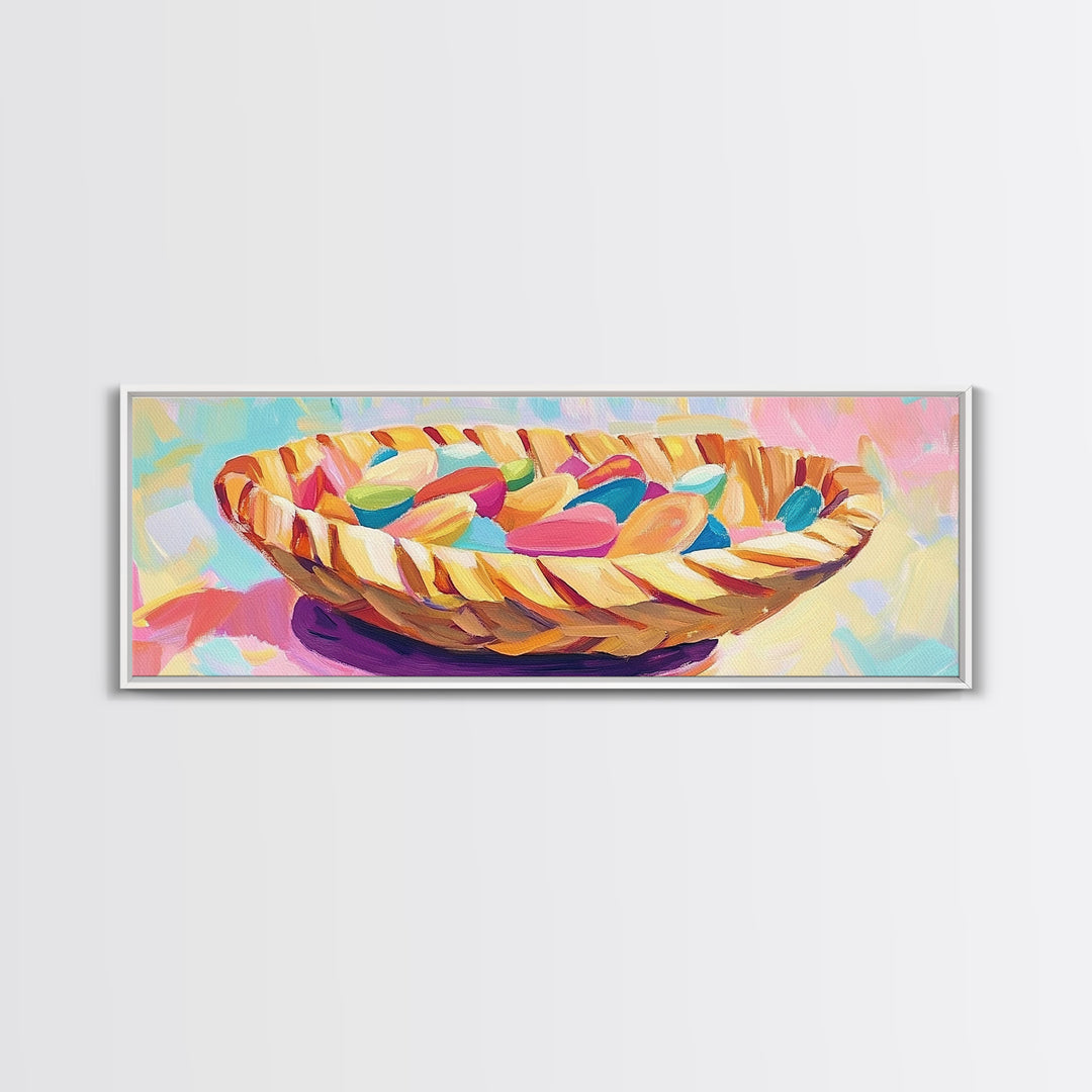 Woven Basket Of Colorful Candy Canvas Print, Whimsical Kitchen Wall Art, Dopamine Decor, Playful Dining Room Art Print Gift