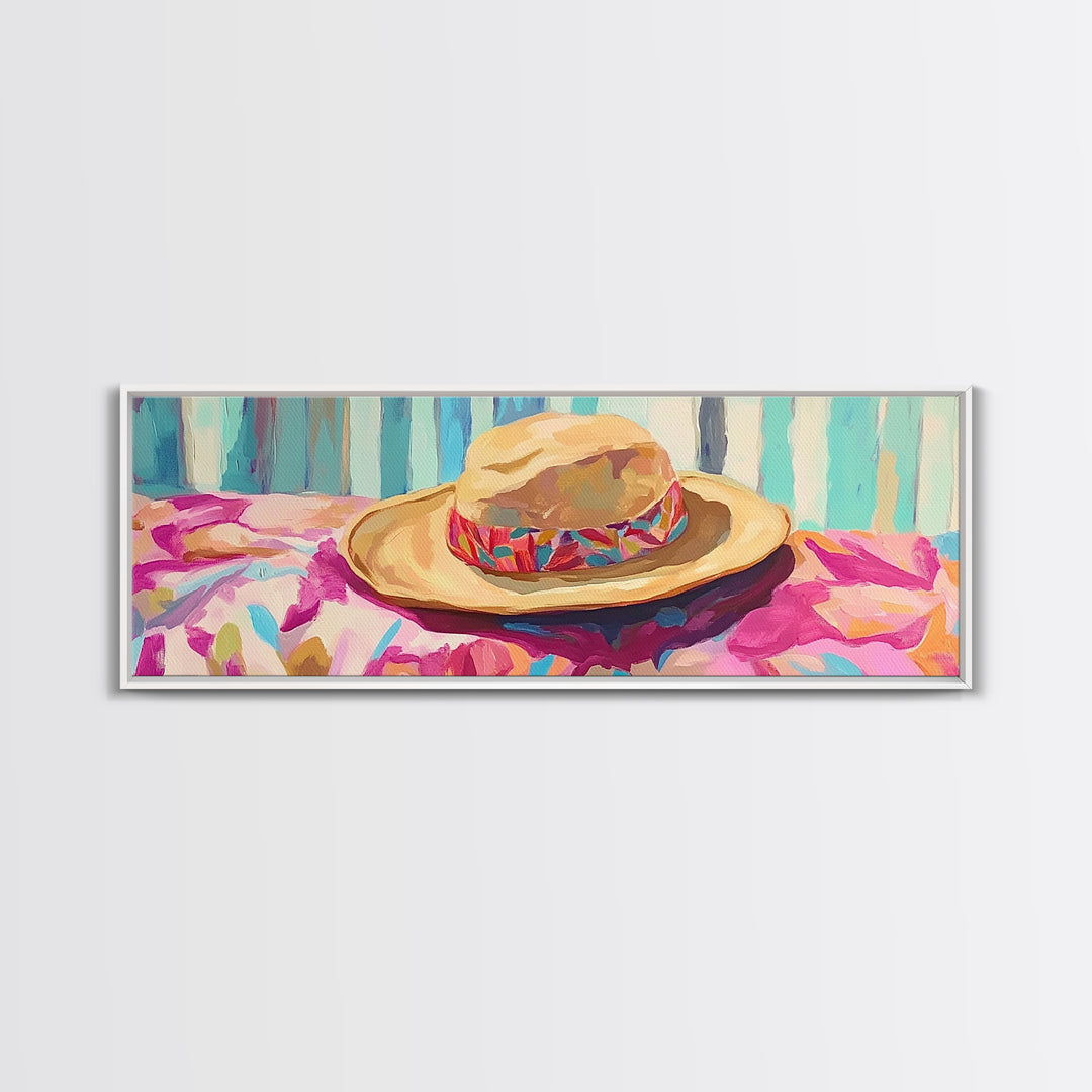 Straw Hat On Floral Beach Towel Canvas Print, Coastal Wall Art, Summer Patio Decor, Beach House Gift For Her, Tropical Home Decor