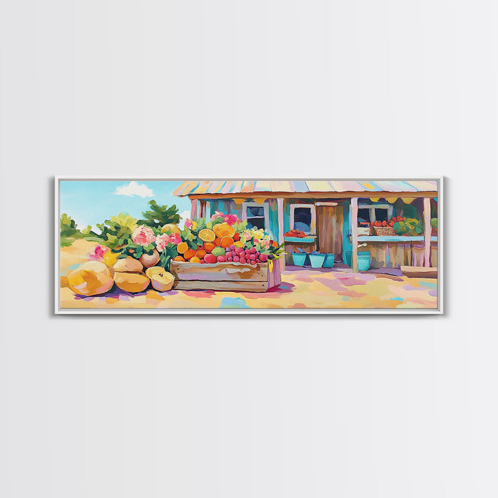 Fruit Stand With Flowers And Citrus Canvas Print, Farmhouse Kitchen Wall Art, Country Home Decor, Farmers Market Gift Idea