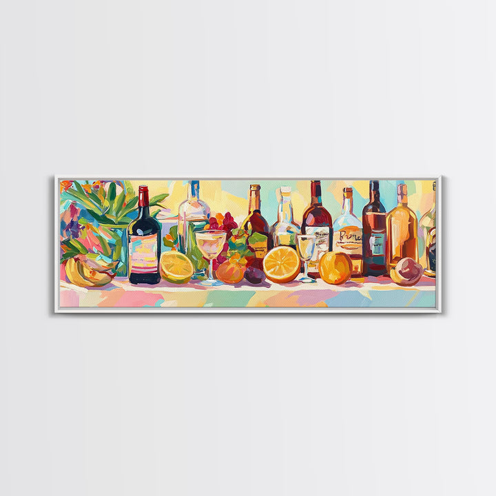 Colorful Wine Bottles And Citrus Still Life Canvas Print, Kitchen Wall Art, Dining Room Decor, Bar Cart Art, Wine Lover Gift