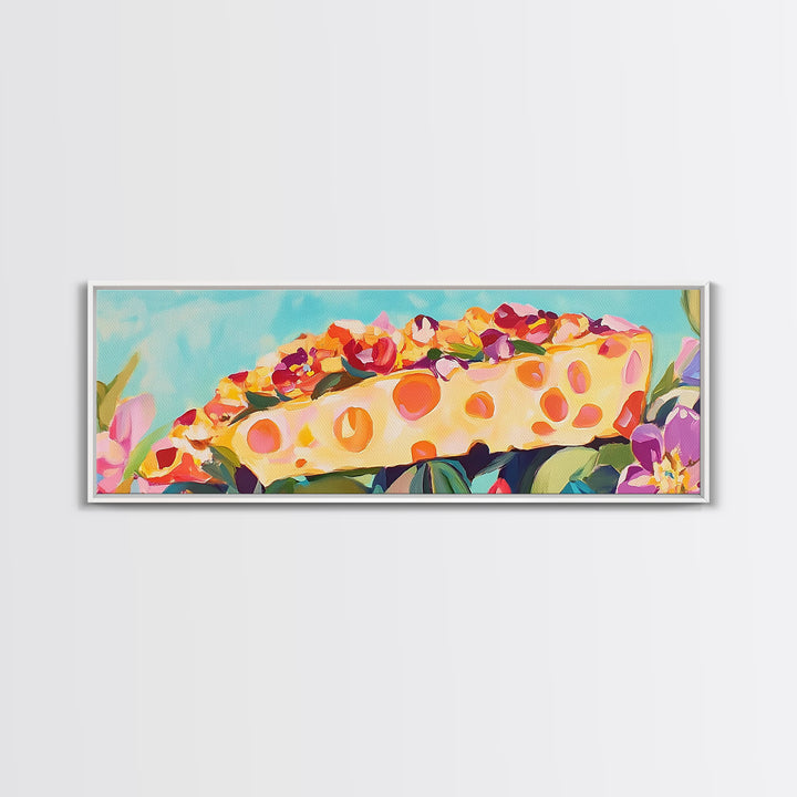 Whimsical Cheese Wedge Still Life Canvas Print, Kitchen Wall Art, Dining Room Decor, Foodie Gift, Colorful Kitchen Art Print