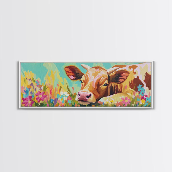 Sweet Calf In Wildflowers Canvas Print, Farm Animal Wall Art, Rustic Farmhouse Decor, Nursery Animal Art, Gift For Her, Kids Room Decor