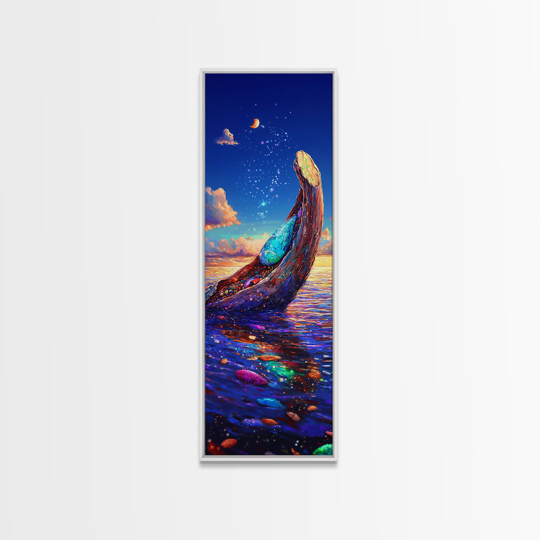 Moonlit Ocean Whale Canvas Print, Colorful Seascape Painting, Magical Coastal Wall Art, Beach House Decor, Fantasy Gift Idea