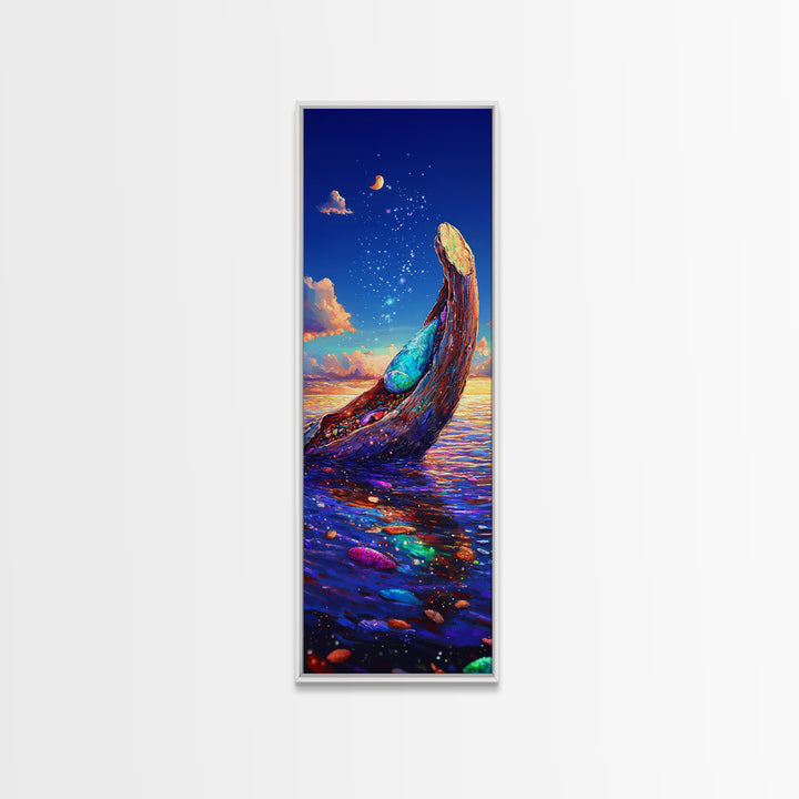 Moonlit Ocean Whale Canvas Print, Colorful Seascape Painting, Magical Coastal Wall Art, Beach House Decor, Fantasy Gift Idea