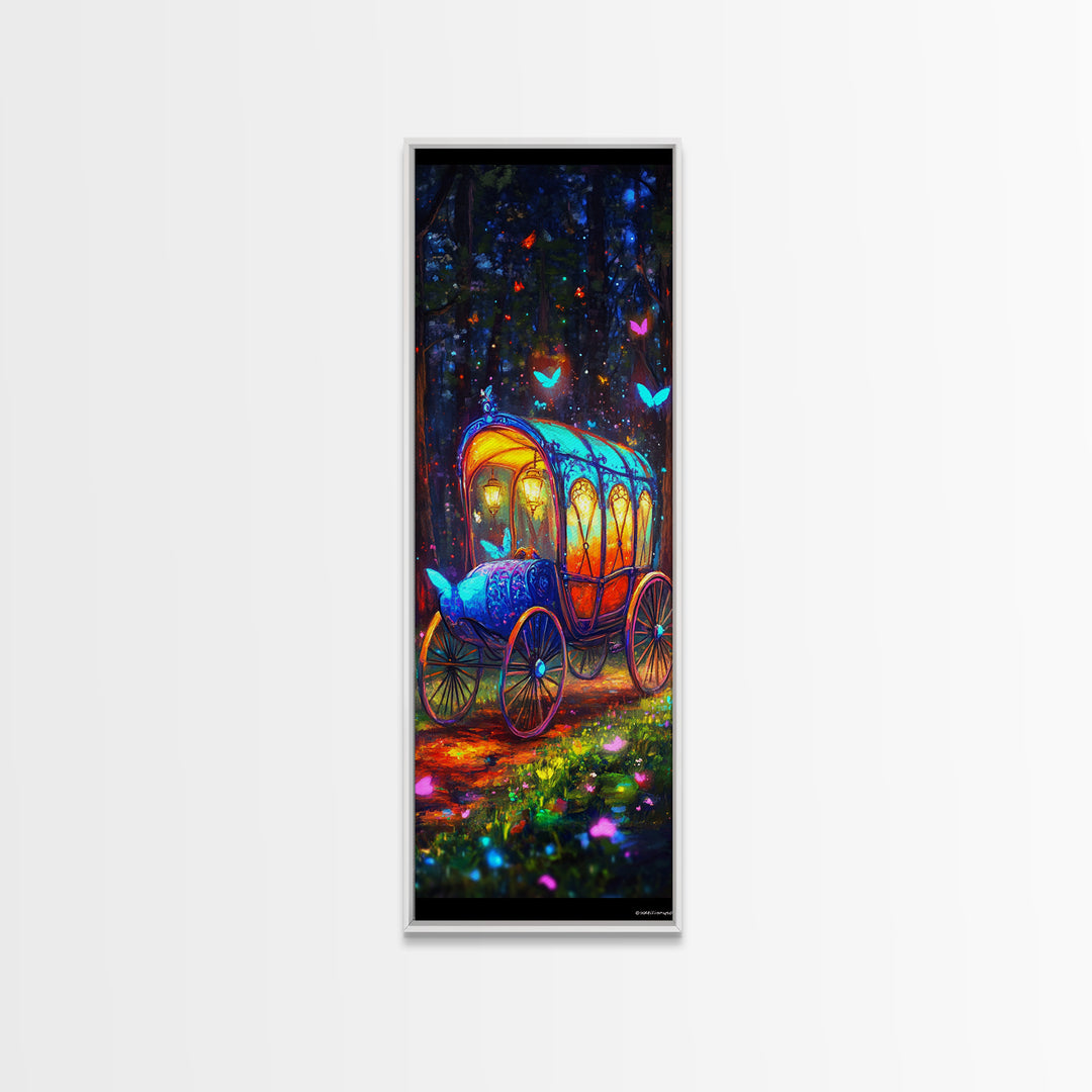 Glowing Fairy Tale Carriage In Forest Wall Art, Whimsical Fantasy Art Print, Nursery Decor, Magical Woodland Decor, Kids Room Art