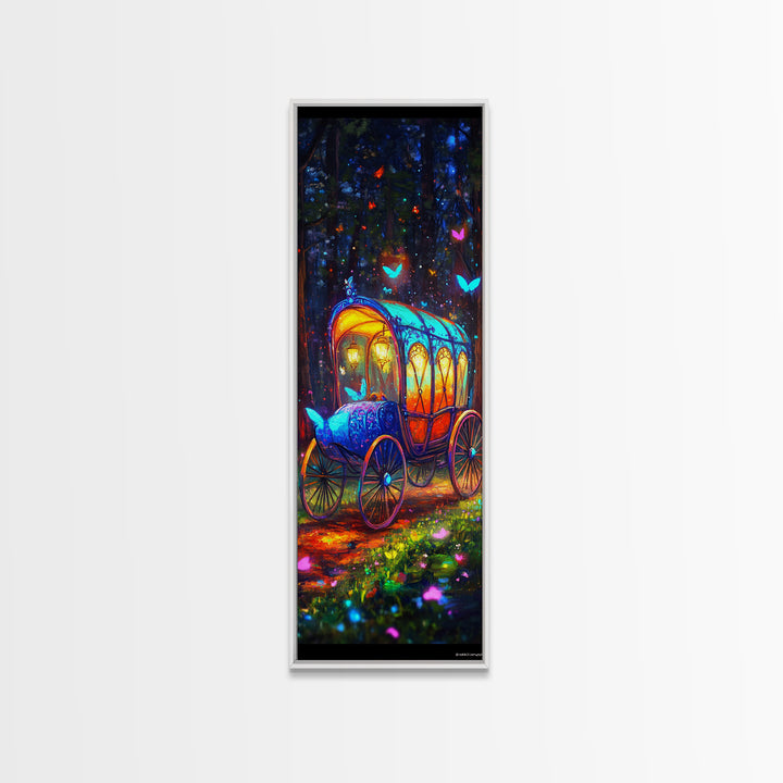 Glowing Fairy Tale Carriage In Forest Wall Art, Whimsical Fantasy Art Print, Nursery Decor, Magical Woodland Decor, Kids Room Art