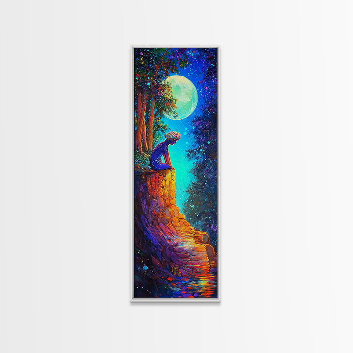 Moonlit Black Cat On Stone Wall Canvas Print, Whimsical Fantasy Wall Art, Celestial Decor, Cat Lover Gift, Nursery Art Print
