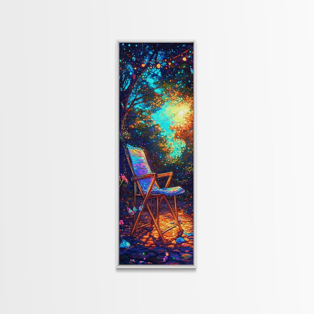 Empty Chair In Glowing Forest Wall Art, Magical Nature Canvas Print, Whimsical Garden Decor, Cozy Outdoor Patio Art Print