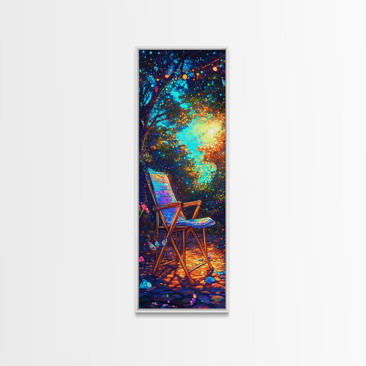 Empty Chair In Glowing Forest Wall Art, Magical Nature Canvas Print, Whimsical Garden Decor, Cozy Outdoor Patio Art Print