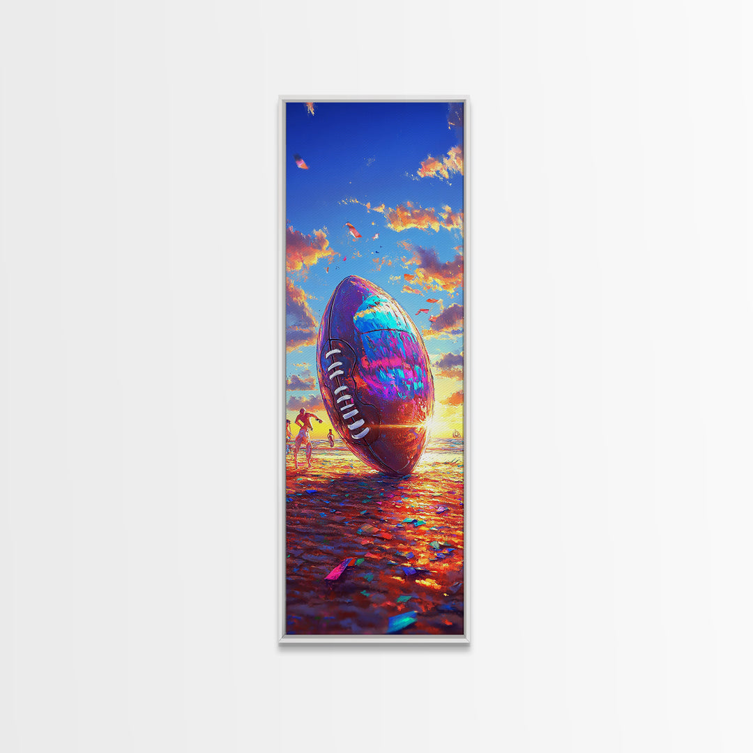 Giant Football At Sunset Beach Canvas Print, Sports Wall Art, Boys Room Decor, Game Room Art, Gift For Him, Sports Gift For Dad