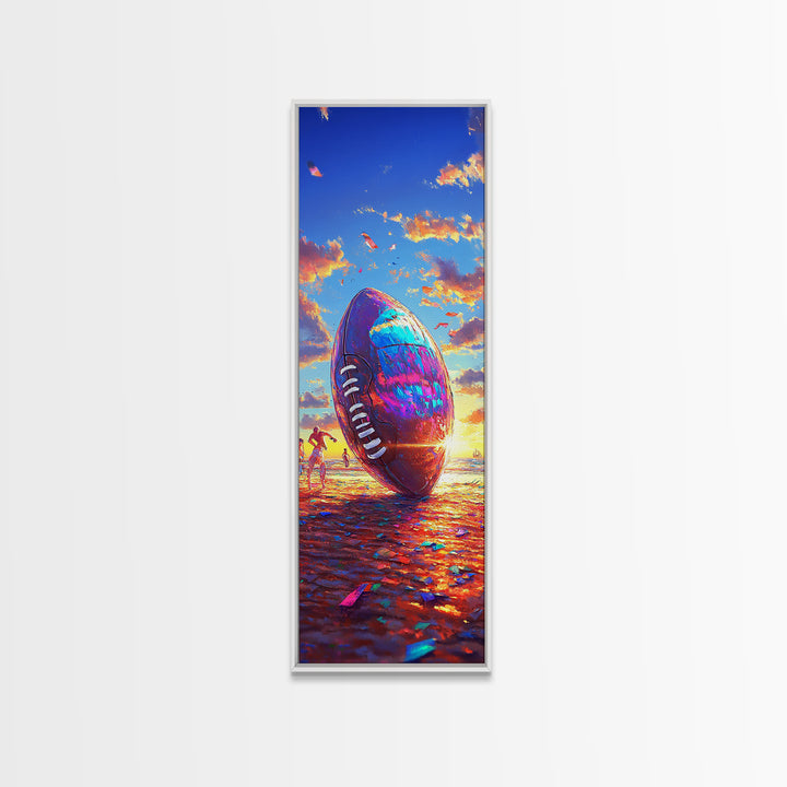 Giant Football At Sunset Beach Canvas Print, Sports Wall Art, Boys Room Decor, Game Room Art, Gift For Him, Sports Gift For Dad