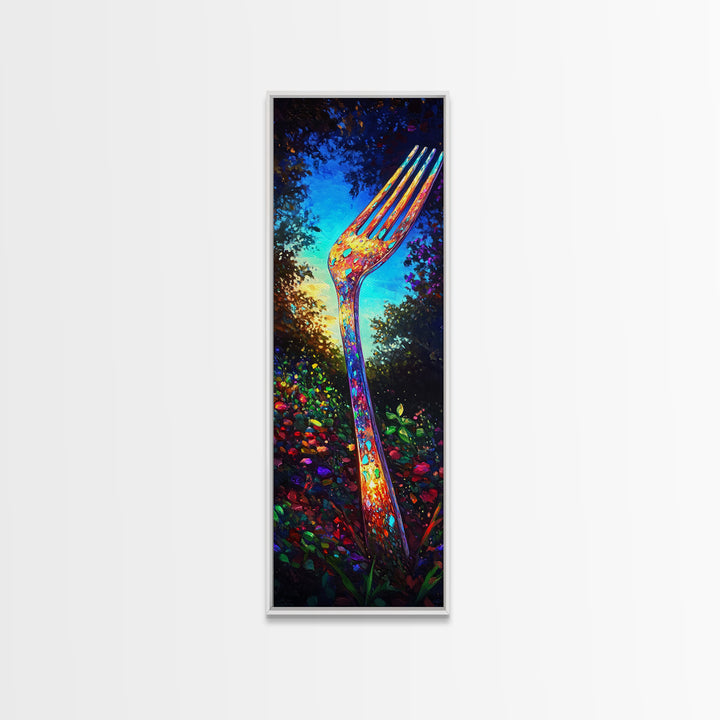 Giant Rainbow Fork In Garden Wall Art, Surreal Kitchen Canvas Print, Whimsical Food Decor, Funky Dining Room Art Print Gift