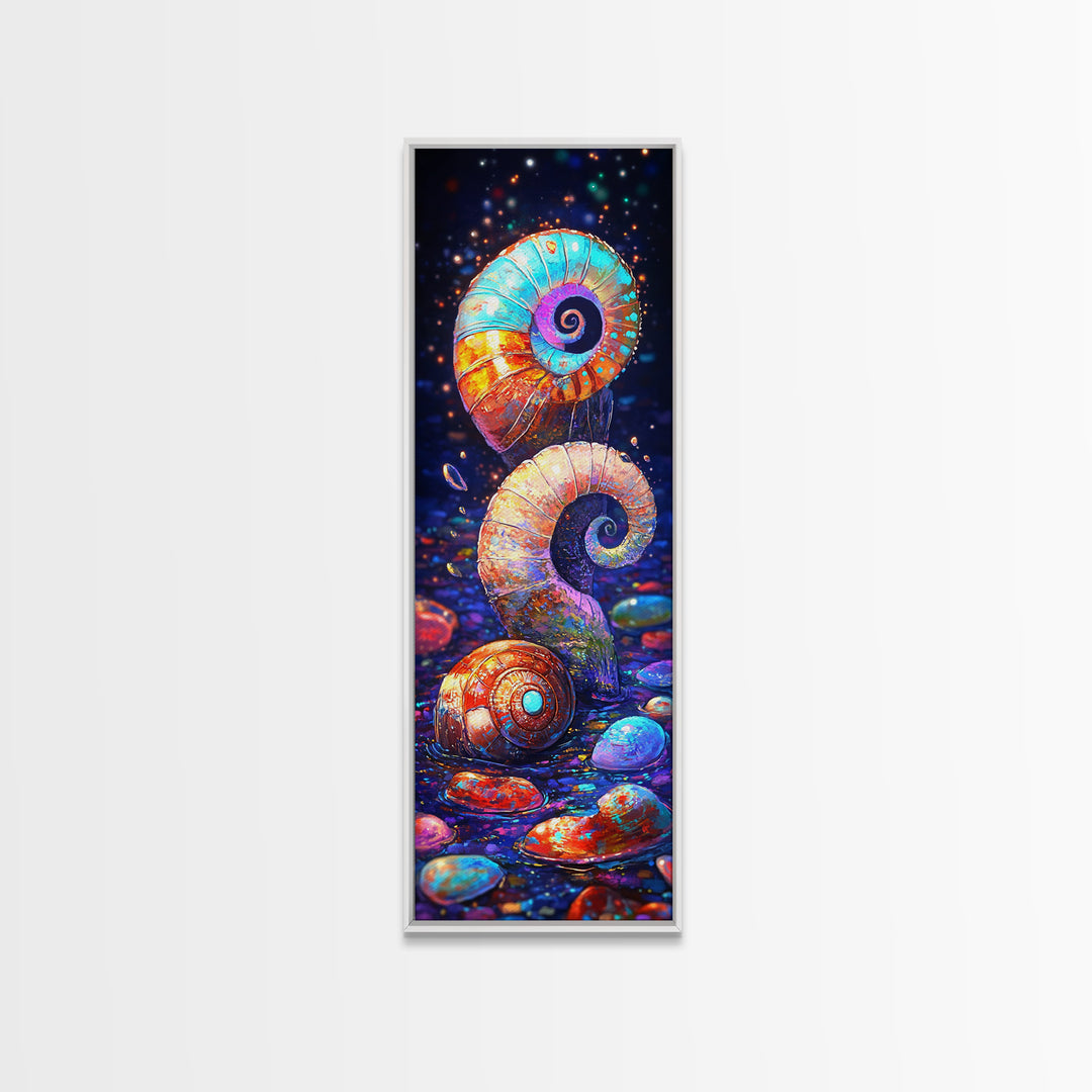 Rainbow Spiral Seashells And Pebbles Wall Art, Coastal Canvas Print, Nautical Bathroom Decor, Ocean Lover Gift For Her Beach