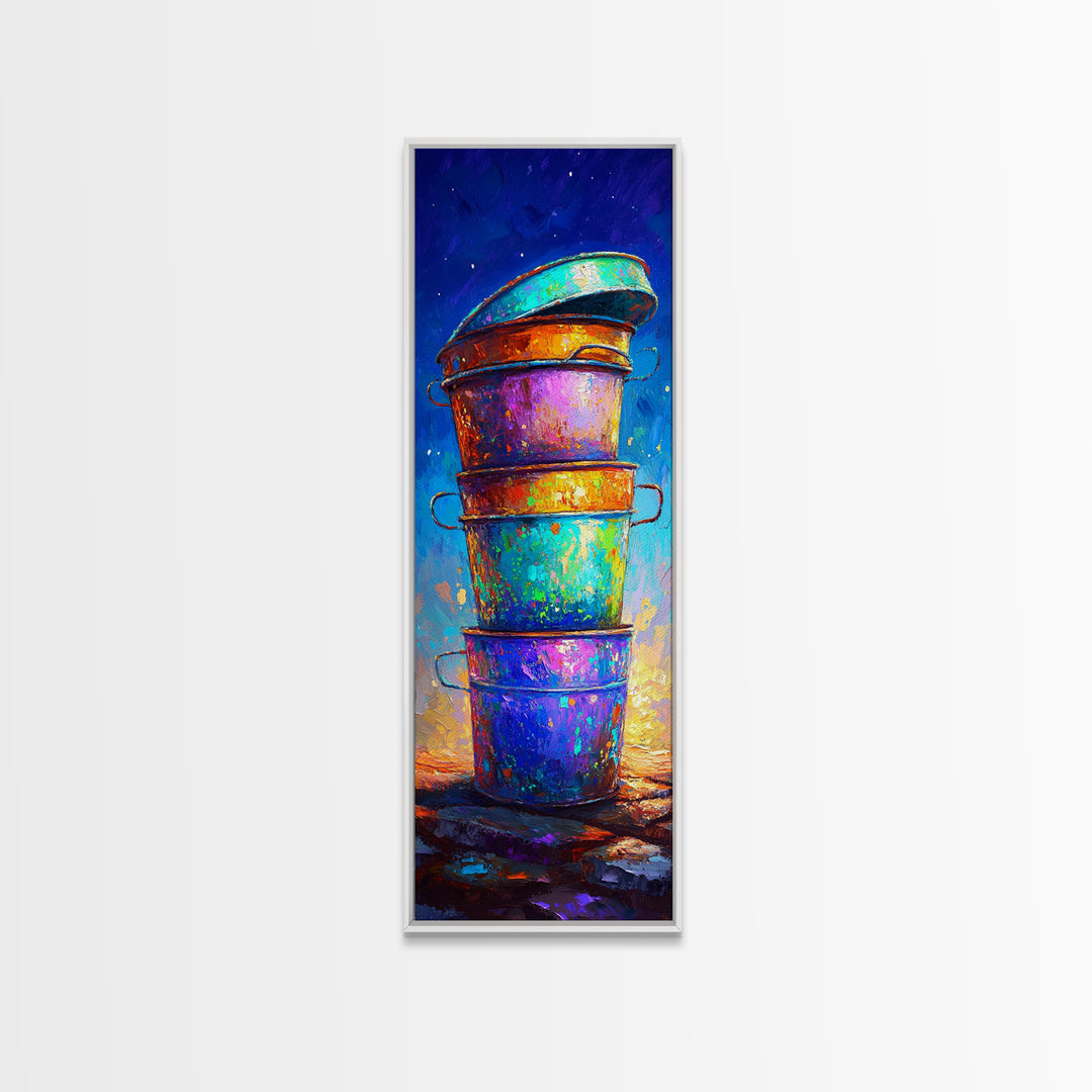 Stacked Rainbow Metal Buckets Framed Canvas Print, Rustic Farmhouse Wall Art, Colorful Laundry Room Decor, Unique Art Gift
