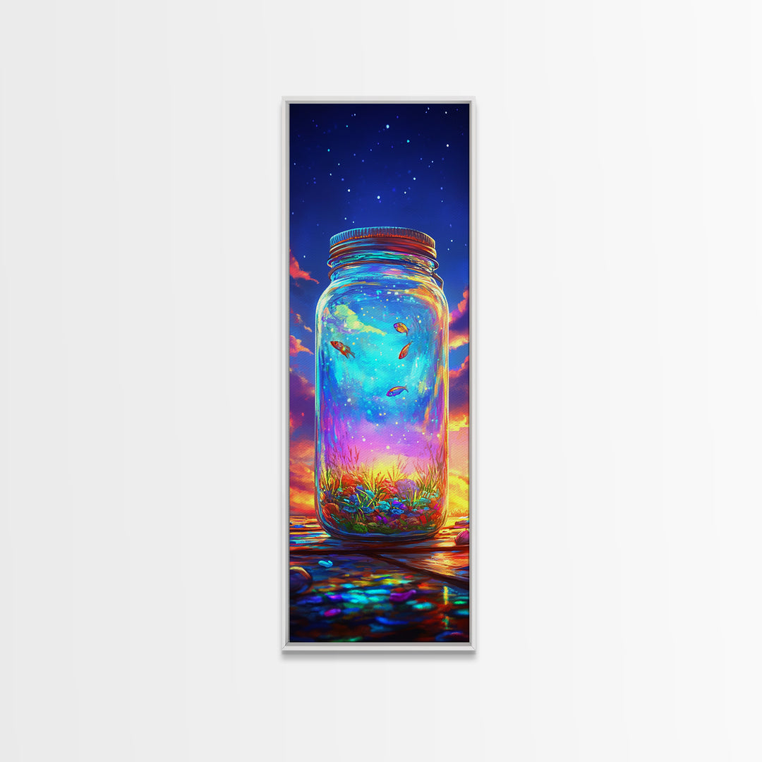 Glowing Mason Jar With Tiny Fish At Sunset Canvas Print, Magical Celestial Wall Art, Colorful Nature Decor, Unique Art Gift