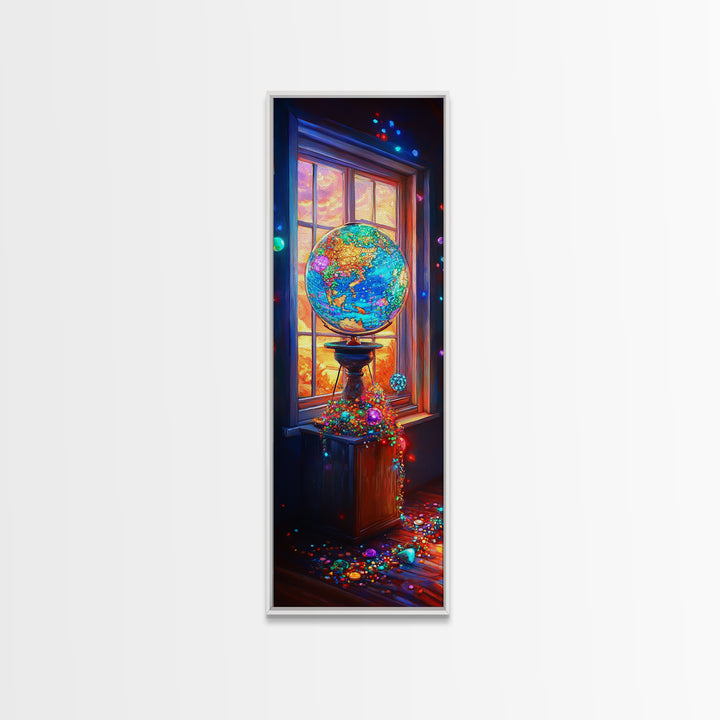 Glowing Jeweled Globe By Window Framed Canvas Print, Colorful Celestial Wall Art, Whimsical Office Decor, Unique Art Gift