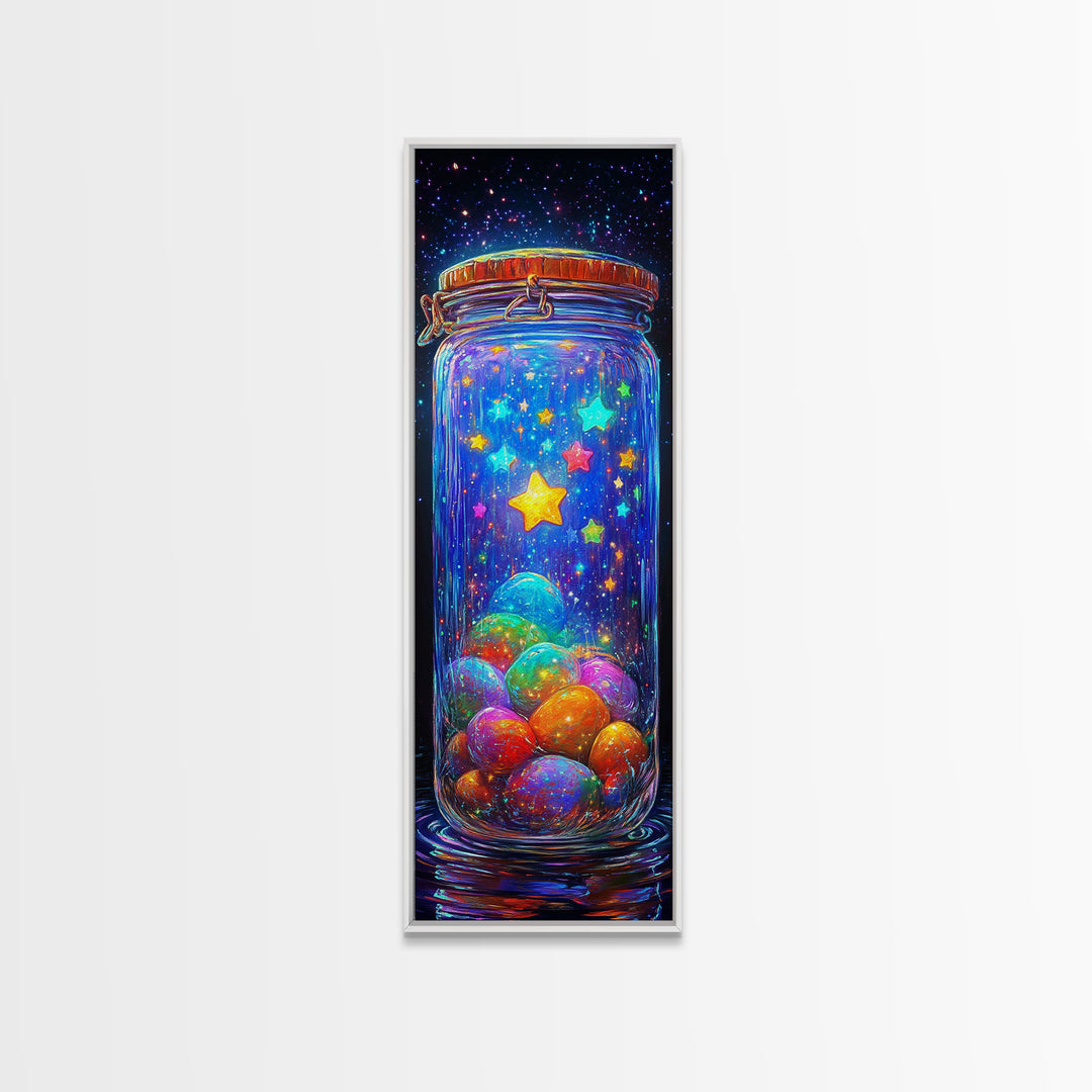 Glowing Star Jar With Tiny Planets Wall Art, Whimsical Celestial Canvas, Colorful Nursery Decor, Space Lover Gift Print Poster