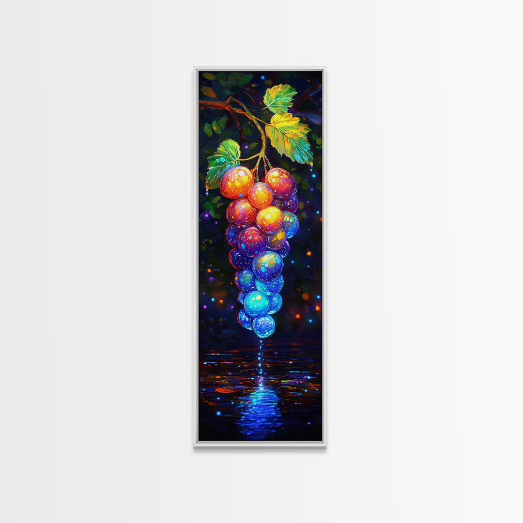 Glowing Grapes Reflecting On Water Framed Canvas Print, Vineyard Wall Art, Colorful Kitchen Decor, Fruit Art Poster Gift