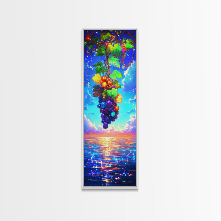Sunlit Grapes Over Ocean Sunset Canvas Print, Vineyard Wall Art, Coastal Kitchen Decor, Colorful Fruit Art Housewarming Gift