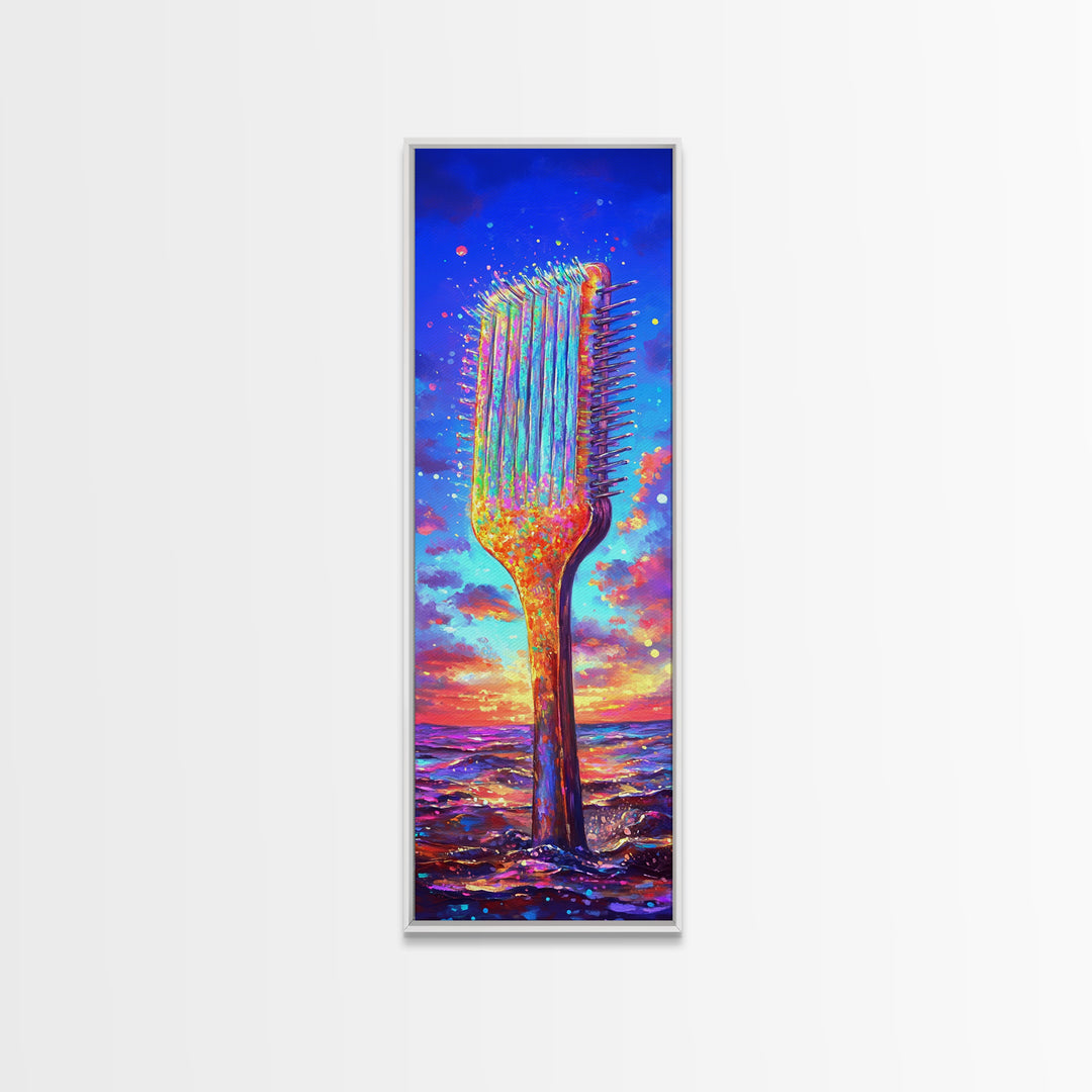 Giant Rainbow Hair Comb At Ocean Sunset Canvas Print, Salon Wall Art, Beauty Salon Decor, Colorful Coastal Gift Print Poster
