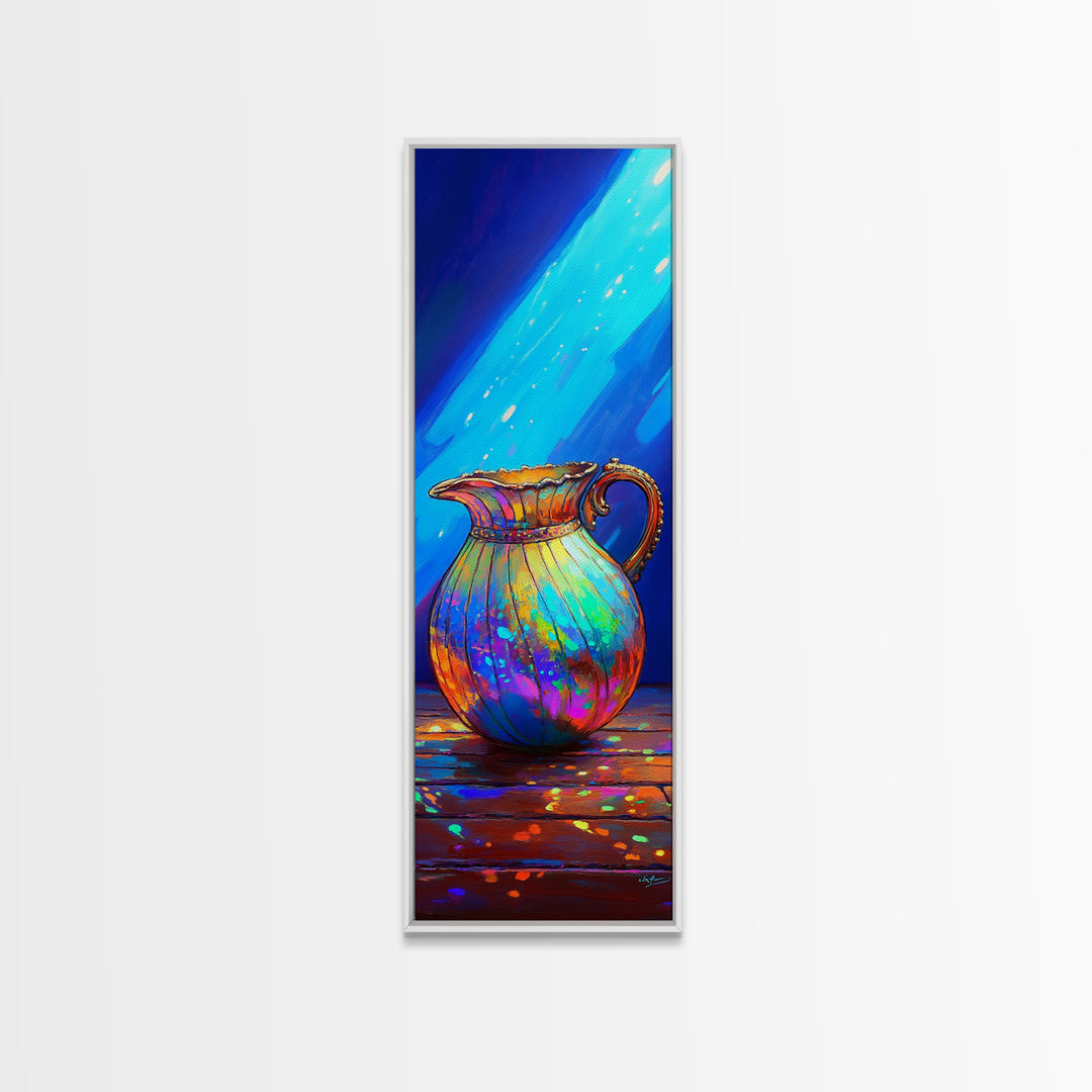 Iridescent Rainbow Pitcher In Blue Light Framed Canvas Print, Colorful Kitchen Wall Art, Modern Eclectic Home Decor Gift